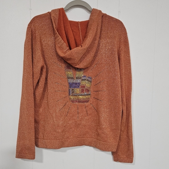 Le Superbe Wool Cashmere Orange Metallic Hoodie Embellished Peace Sign Colorful - Picture 5 of 9